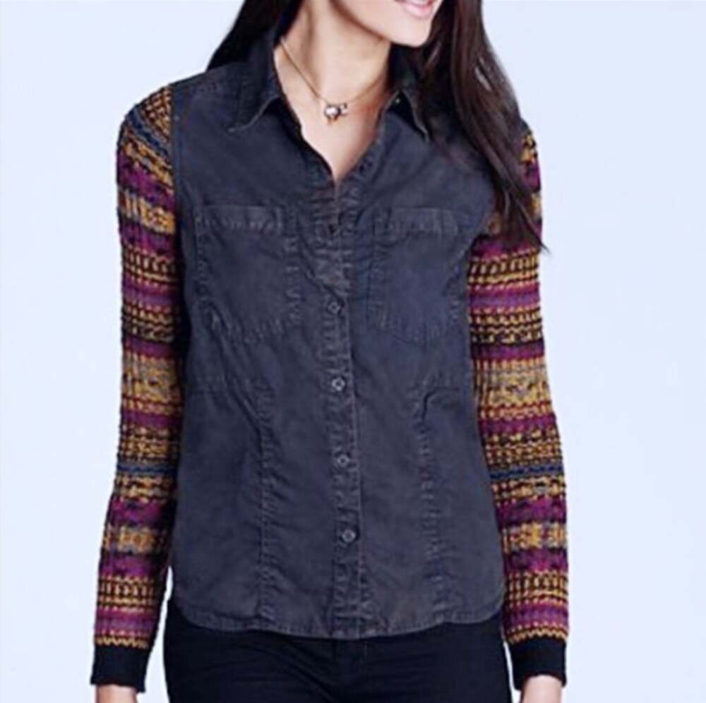 We the Free People Mixed Media Fair Isle Sweater Long Sleeve Button Down Gray M